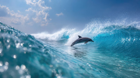 Captivating shot of a striped dolphin clearing the waves under a bright sky and vibrant seaの素材