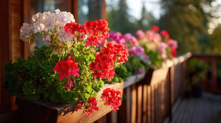 Bright geraniums and petunias blooming in window boxes on a wooden balcony, morning light creating a warm glowの素材