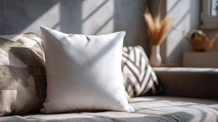 Clean, blank pillow resting on a fabric couch with geometric cushions, surrounded by sunlight and simple decorの素材