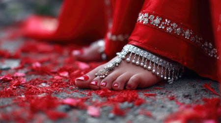 Bride's feet with silver payal anklets and toe rings against red wedding attire, symbol of traditionの素材