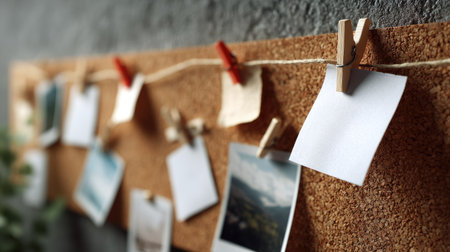 Bulletin board detail with weathered cork and slightly aged blank notes pinned in casual arrangementの素材