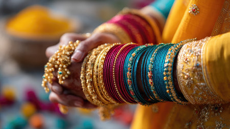 Bride's wrist covered in colorful bangles and gold kadas, captured during a wedding ritualの素材