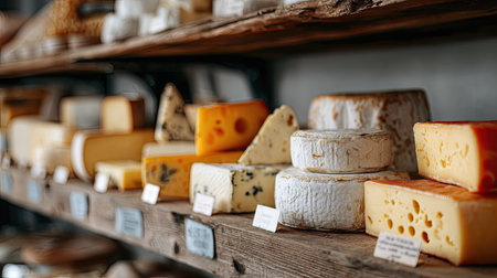 Close-up of various cheeses lined up on rustic wooden shelves, each wedge and wheel labeled, ready for sale in a gourmet shopの素材