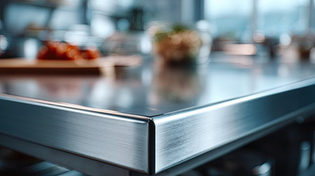 Close-up of the clean edges of a stainless steel table in a food-safe commercial kitchenの素材