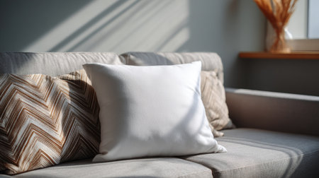 Clean, blank pillow resting on a fabric couch with geometric cushions, surrounded by sunlight and simple decorの素材