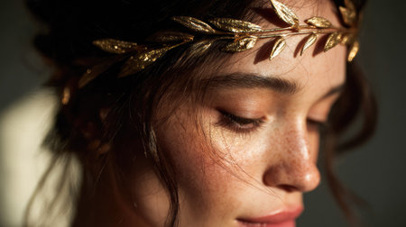 Close-up of a model wearing a golden laurel headband with soft lighting, highlighting classical beauty and timeless fashionの素材
