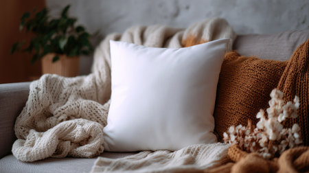 Close-up of a blank white pillow on a sofa with textured fabric, surrounded by cozy blankets and warm lightingの素材