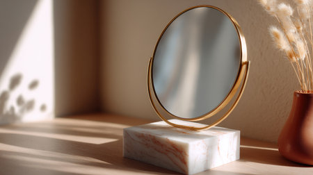 Close-up of a modern circular makeup mirror with a minimalist frame, isolated on a solid neutral background for focusの素材