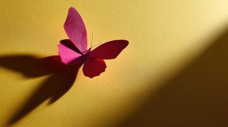 Close-up of a single bright pink paper butterfly casting a shadow on a yellow background, minimal and artistic compositionの素材