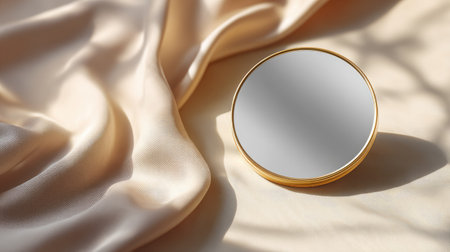 Circular makeup mirror with a sophisticated, slim frame, isolated on a soft, neutral backdrop to enhance its eleganceの素材