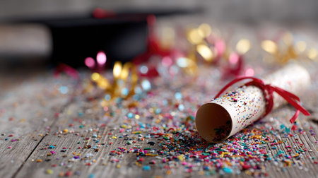 Close-up of a graduation cap with a rolled diploma, surrounded by confetti, symbolizing achievement and successの素材