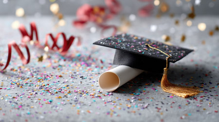 Close-up of a graduation cap with a rolled diploma, surrounded by confetti, symbolizing achievement and successの素材