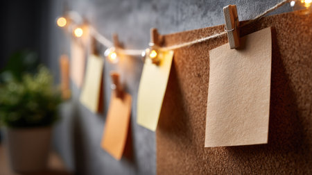Corporate workspace cork board with blank notes for to-dos and reminders, soft lightingの素材