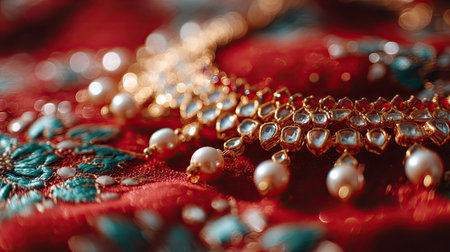 Close-up of intricate gold Indian bridal jewellery with pearls and gemstones on red silk, reflecting tradition and opulenceの素材