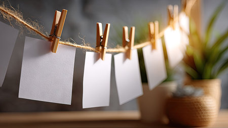 Creative idea board with pinned blank notes and string lines connecting them, brainstorming conceptの素材