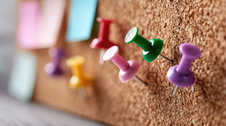 Colorful push pins securing blank notes on a cork board, open to customization and designの素材