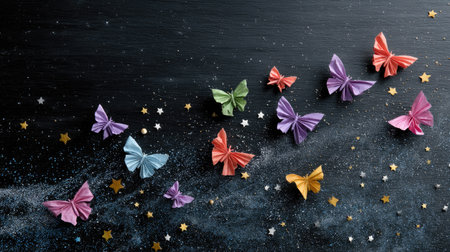 Colorful paper butterflies flying across a chalkboard with doodles and stars, representing dreams and aspirationsの素材