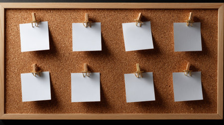 Cork board with a grid of pinned notes, all blank and ready for use in a school or study environmentの素材