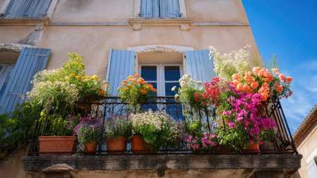 Colorful flowers arranged in tiers on a quaint balcony outside a French window, blue sky in backgroundの素材