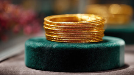 Close-up of gold bangles stacked on a velvet-covered cylindrical display, showcasing texture and shineの素材