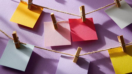 Creative idea board with pinned blank notes and string lines connecting them, brainstorming conceptの素材