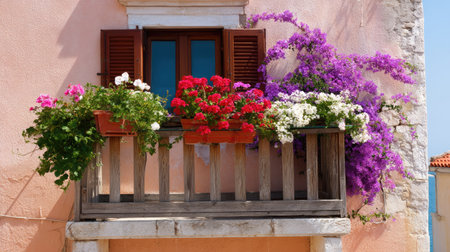 Colorful potted flowers lining a small balcony railing outside a wooden window of a Mediterranean-style homeの素材