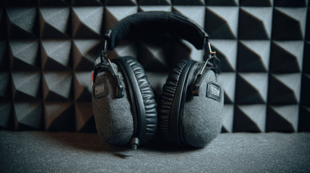 Noise-reduction earmuffs resting on a soundproof wall in a music studio, used for audio protectionの素材