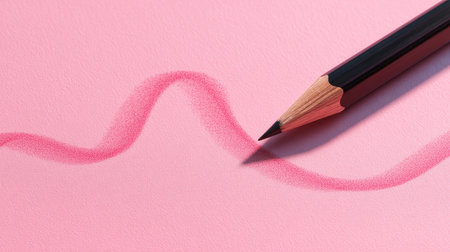 Stylized pencil trailing a wavy line on a pastel pink background, illustrating motion and softnessの素材