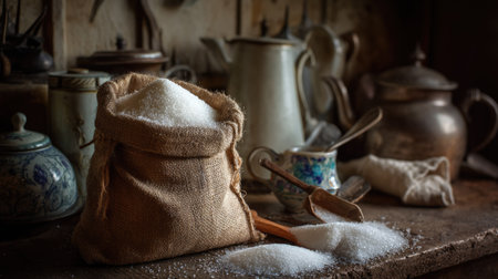 Overflowing bag of granulated white sugar in a rustic kitchen setting, styled for authenticity and warmthの素材