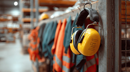 Protective earmuffs hanging on a hook beside other personal protective equipment in a warehouseの素材