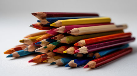 Set of colored pencils in a creative, random pile on a white surface, with some laying flat and others standing uprightの素材