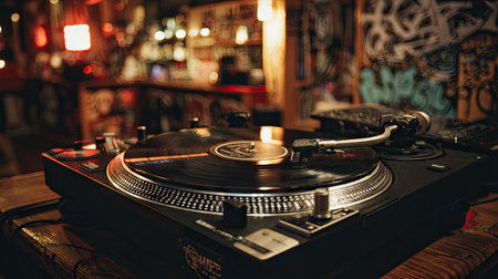 Old-school hip-hop vibe with a black DJ turntable, graffiti wall backdrop, and warm ambient lightingの素材