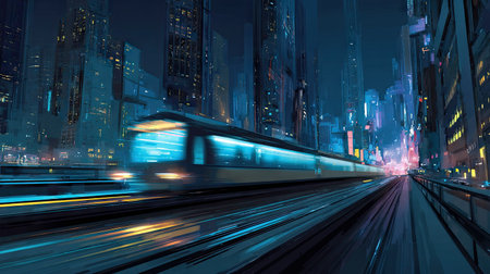 Speeding train or monorail leaving bright lines of motion through a cyberpunk-style night cityの素材