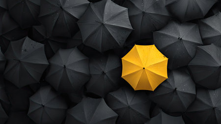 Top-down view of a yellow umbrella among a crowd of black umbrellas, symbolizing individuality and boldnessの素材