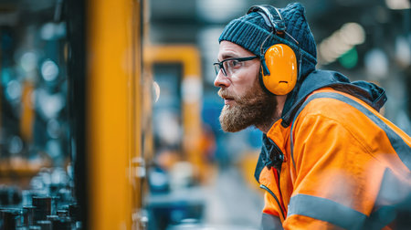 Side profile of a man wearing high-visibility gear and earmuffs, inspecting machinery in a factoryの素材