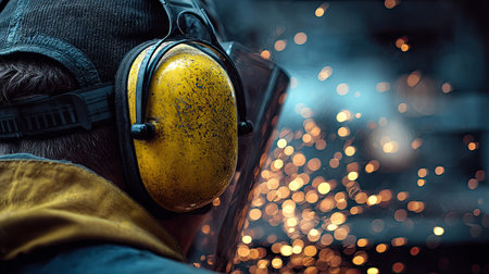 Protective earmuffs worn by a welder with sparks flying in the background, showcasing safety in actionの素材