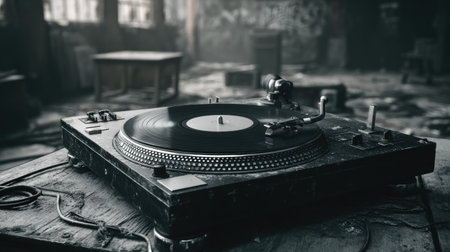 Underground DJ setup with a black turntable, gritty textures, and a raw, urban music vibeの素材
