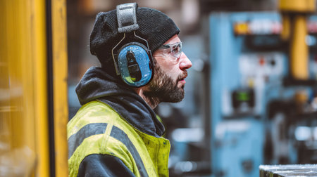 Side profile of a man wearing high-visibility gear and earmuffs, inspecting machinery in a factoryの素材