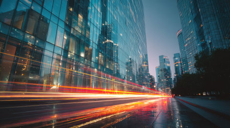 Reflected light streaks from traffic on a glass building, adding a surreal urban motion effectの素材