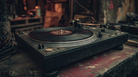 Underground DJ setup with a black turntable, gritty textures, and a raw, urban music vibeの素材