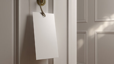 White door hanger mockup hanging on a closed door, perfect for customizing with print or hotel messagesの素材