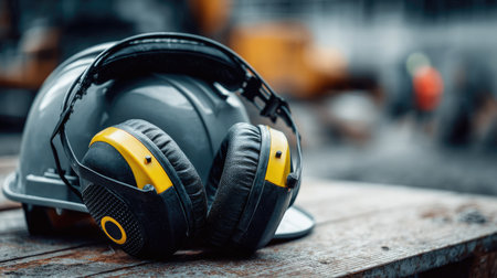 Pair of noise-canceling earmuffs resting on top of a construction helmet, ready for use on a job siteの素材