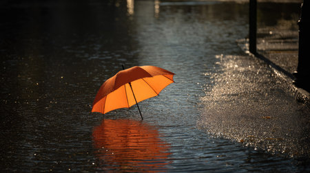 Orange umbrella floating in a flooded street during a rainstorm, captured in dramatic natural lightの素材