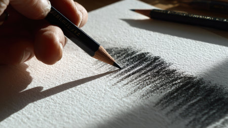Dark charcoal pencil sketching a bold line on white textured drawing paper in natural lightの素材