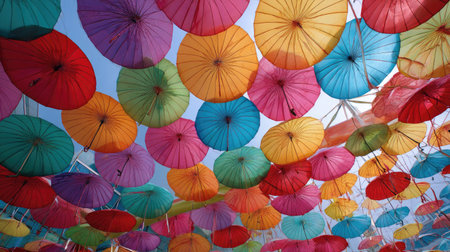 Pattern of overlapping colorful umbrellas suspended in the air, forming an artistic canopy installationの素材