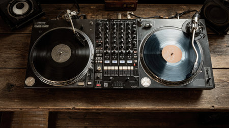Top-down view of dual black DJ turntables and mixer on a wooden table, ready for a vinyl set in a cozy studioの素材