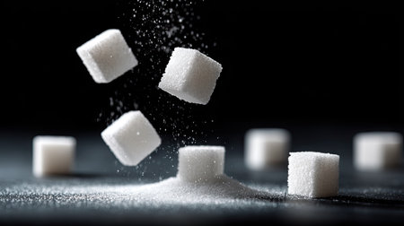 White sugar cubes falling in mid-air with a shallow depth of field and dark background for dramatic effectの素材