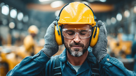 Worker placing earmuffs over ears before starting power tools, reinforcing good safety habitsの素材