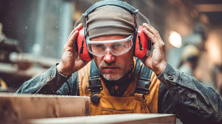 Worker placing earmuffs over ears before starting power tools, reinforcing good safety habitsの素材