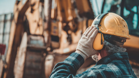 Worker adjusting earmuffs while standing next to heavy equipment outdoors on a construction siteの素材